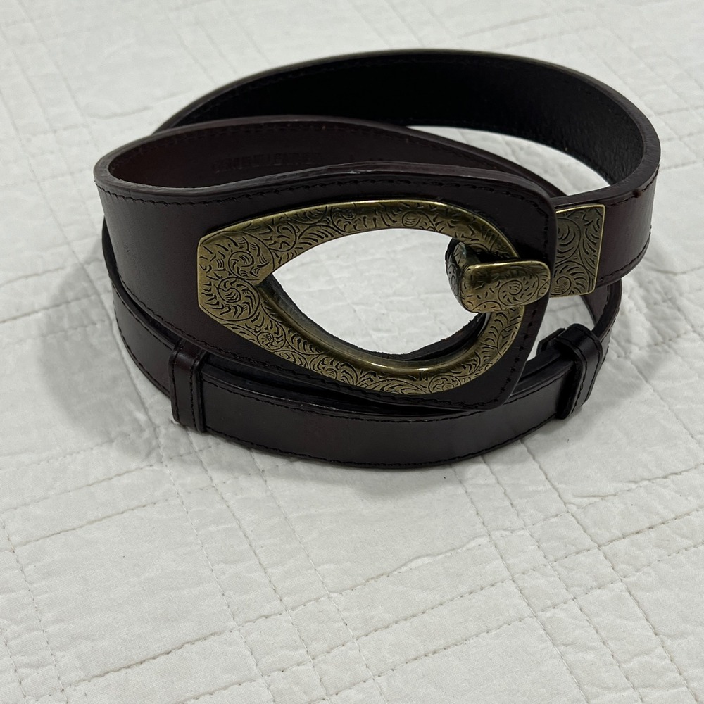 Dark Brown Genuine Leather Belt Ornate Antique Brass Filigree Buckle Adjustable